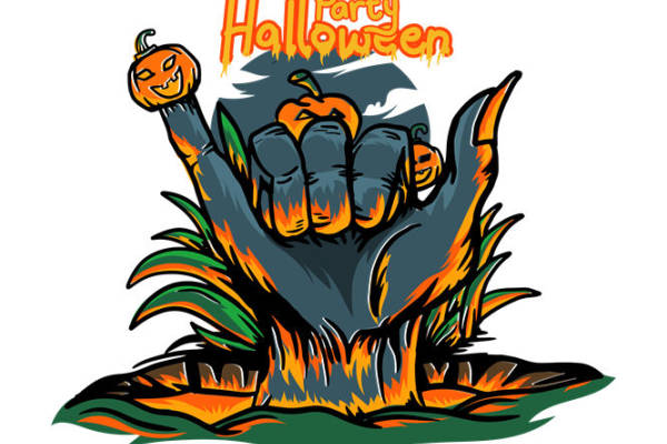 万圣节主题裁片印花:南瓜手印图案服装印花