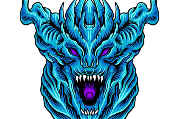蓝色恶魔头像印花裁片，服装印花设计灵感