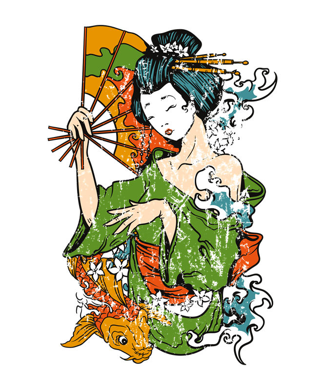 复古和风美少女扇子印花图案，适合服装裁片印花设计