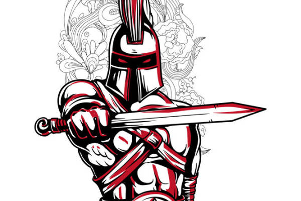 裁片印花：红色战士盔甲纹样服装印花