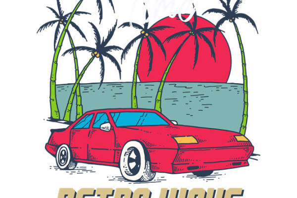 复古夏日风情车与棕榈树服装印花