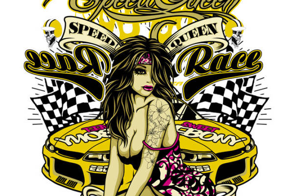 赛车美女图案裁片印花，打造个性赛车风服装