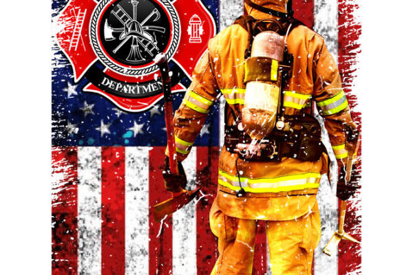 消防员剪影与美国国旗背景的服装印花裁片