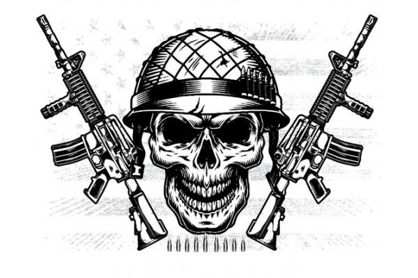 军事风格骷髅头图案裁片印花，适合服装设计