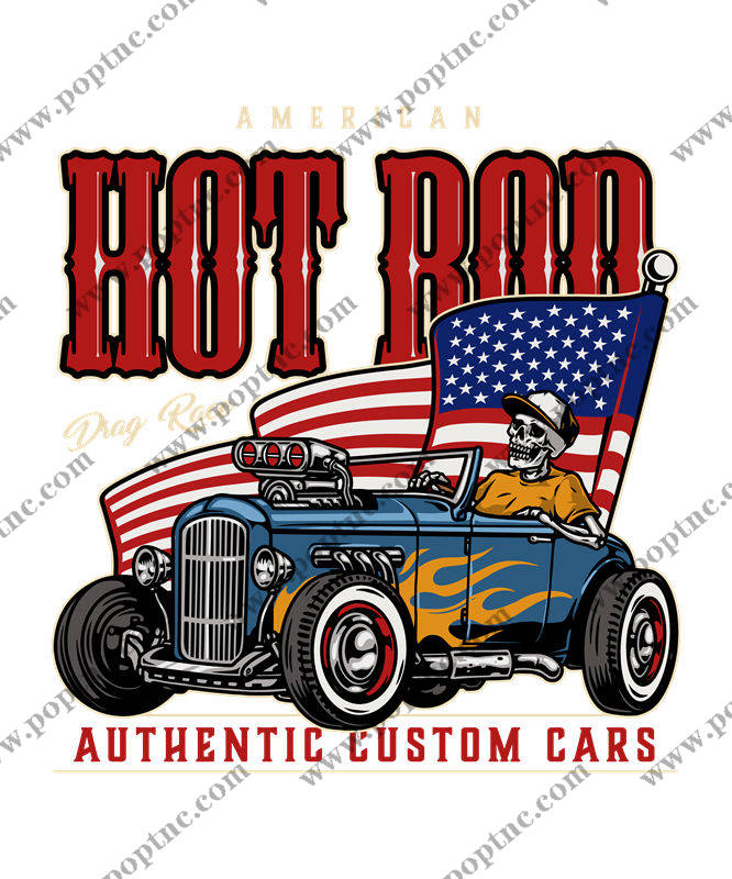 复古热棒赛车图案裁片印花,时尚潮流服装印花