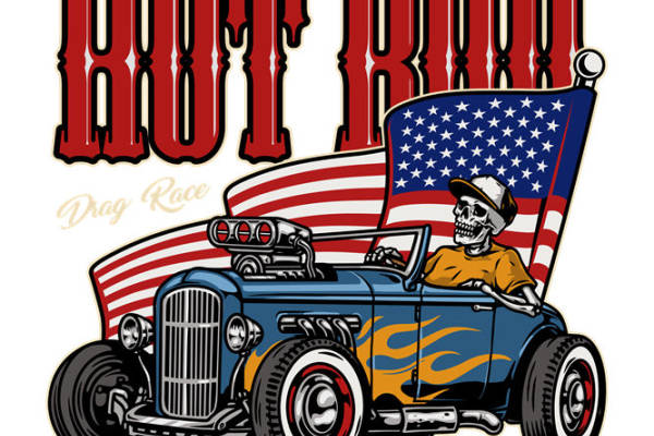 复古热棒赛车图案裁片印花,时尚潮流服装印花