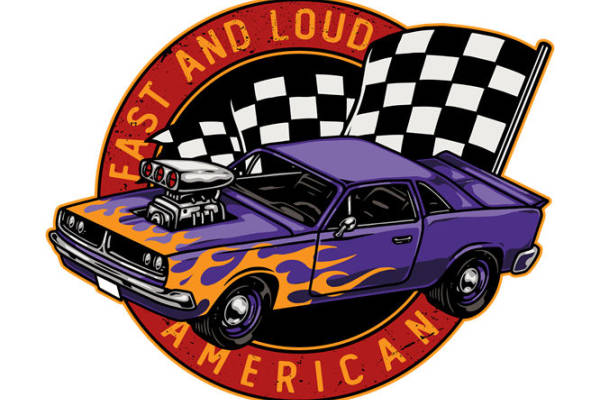 复古赛车图案裁片印花,适合街头风服装设计