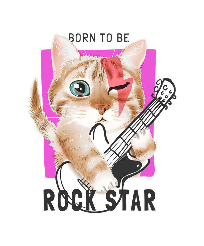 摇滚猫吉他印花：时尚潮流服装印花裁片