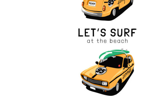 复古汽车与冲浪板的创意服装印花