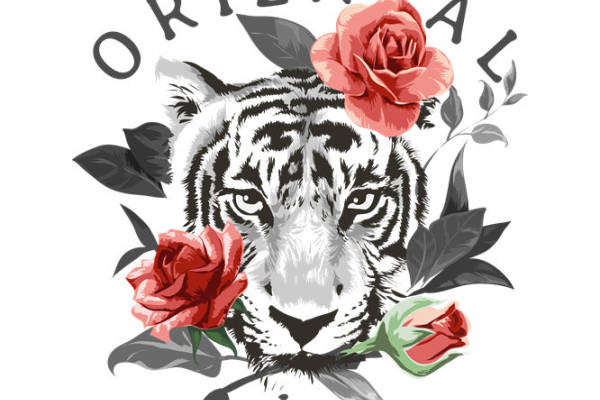 老虎与玫瑰花型印花图案，打造个性服装裁片