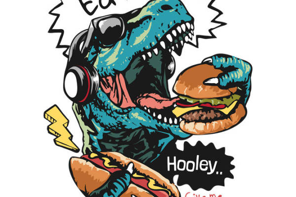 酷炫恐龙吃汉堡的裁片印花，时尚服装印花新选择