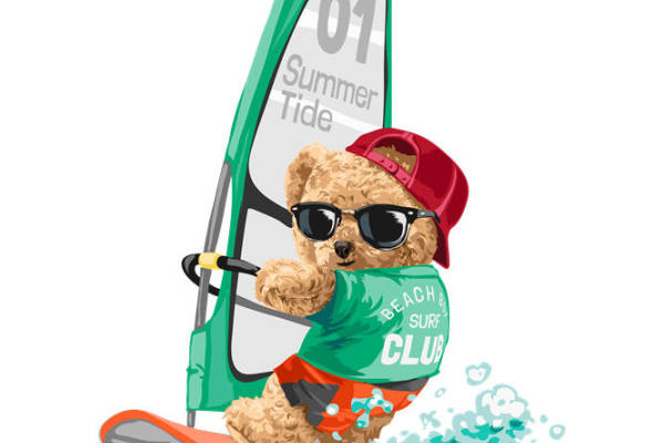 可爱泰迪熊风帆冲浪印花图案，时尚服装印花裁片