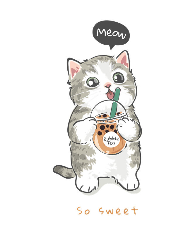 萌猫喝奶茶的裁片印花,可爱又实用的服装印花素材