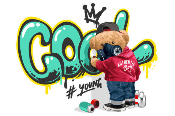 酷熊涂鸦风格服装印花裁片设计