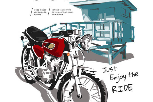 复古摩托车与日落图案服装印花设计