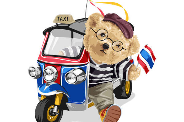 可爱泰式小熊骑三轮车的裁片印花，适合儿童服装