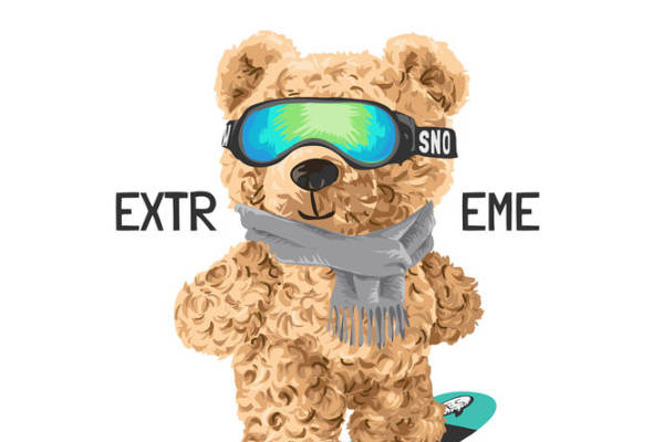 可爱熊戴滑雪镜服装印花素材，轻松打造冬季户外风