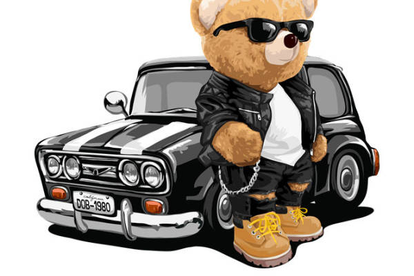 复古熊与酷车：个性服装印花裁片