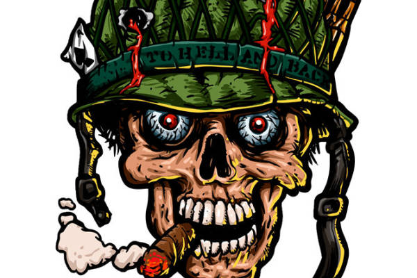 军事风格骷髅头裁片印花，个性服装印花设计