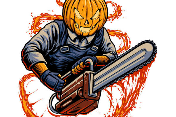 万圣节南瓜头持链锯印花图案，服装印花裁片设计灵感