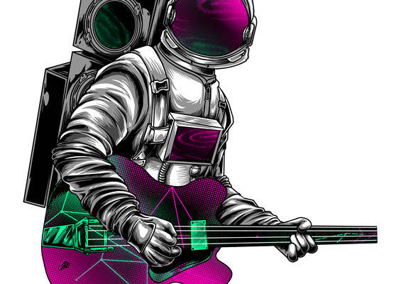 未来感十足的宇航员吉他手印花设计，打造个性服装