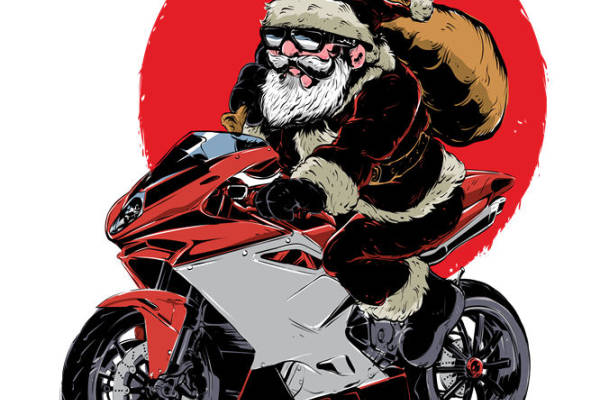 圣诞老人骑摩托车的裁片印花设计，适合节日服装印花