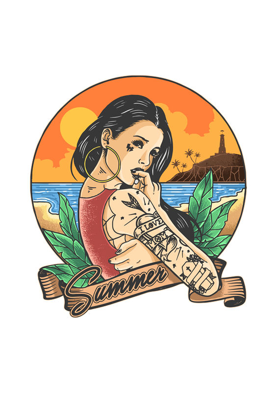 夏日风情：复古海滩纹身图案服装印花