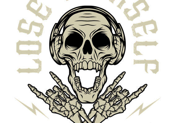 摇滚风格骷髅头耳机印花裁片：个性音乐主题服装印花