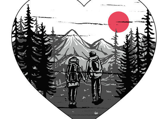 心形山林徒步情侣印花图案，打造自然户外风格服装
