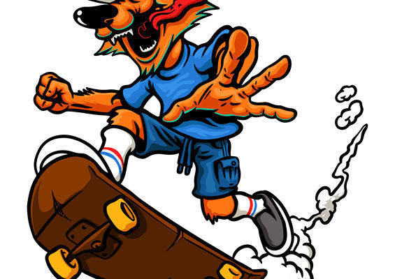 卡通狐狸滑板裁片印花，适合街头风服装设计