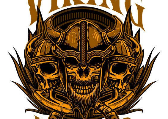 维京战士头盔与骷髅图案服装印花裁片