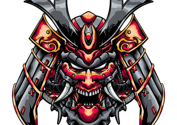 传统武士头盔图案印花，打造个性服装裁片