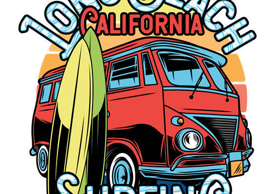 复古加州风情:长滩海滩冲浪主题服装印花