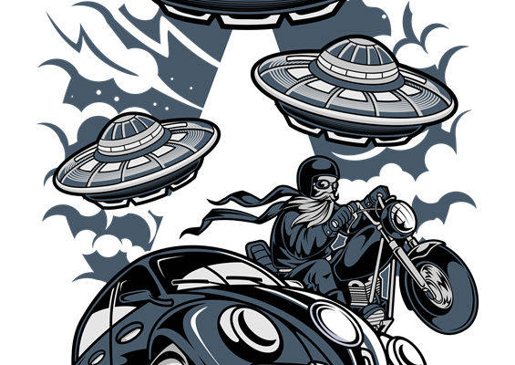 未来科技感UFO与机车图案服装印花