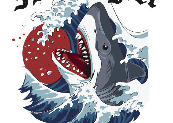 鲨鱼咬日纹样裁片印花，时尚个性服装印花设计
