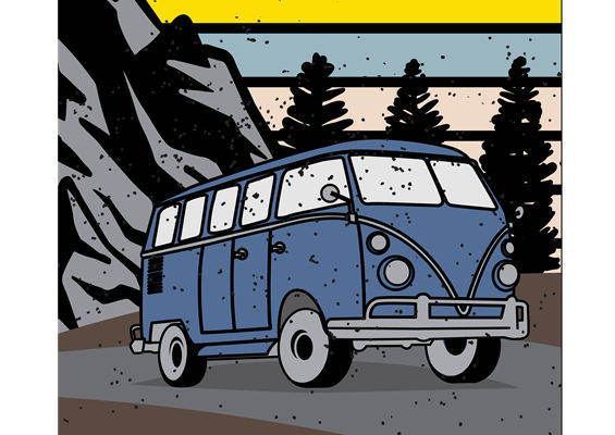 复古旅行车与山景裁片印花，打造个性服装