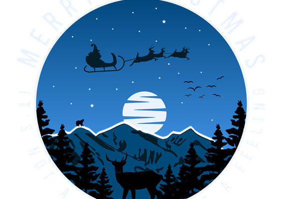 圣诞夜空下的驯鹿与圣诞老人：服装印花裁片素材