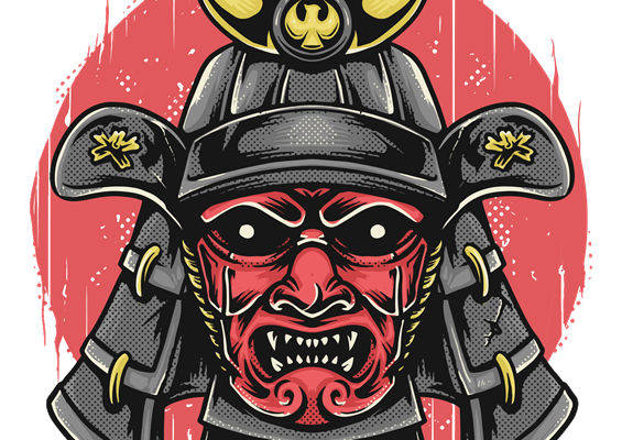 传统武士头盔图案裁片印花，打造个性服装