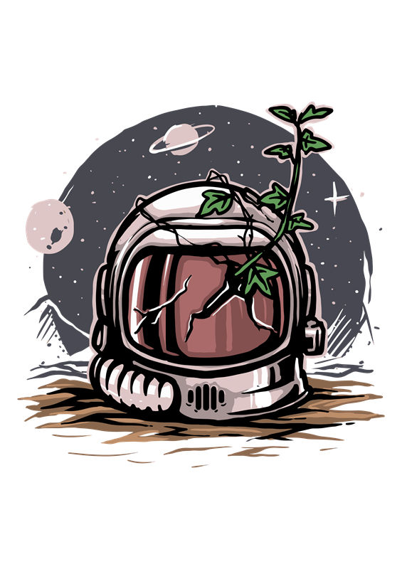 未来星球探险：宇航员头盔与植物结合的服装印花
