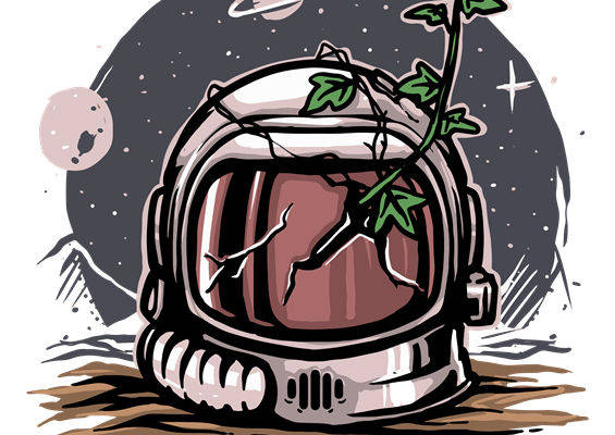 未来星球探险：宇航员头盔与植物结合的服装印花