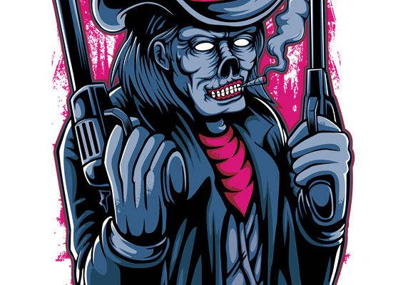 西部牛仔骷髅头枪手印花素材，服装印花裁片必备