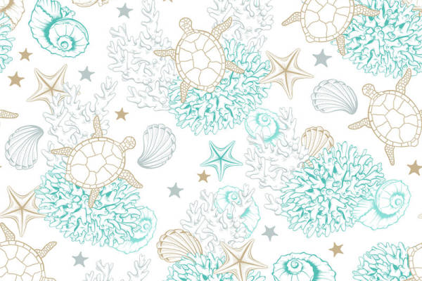 海洋主题服装印花面料：海星珊瑚乌龟图案