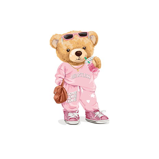 卡通熊图案喝饮料的熊印花素材粉色熊图案