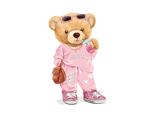 卡通熊图案喝饮料的熊印花素材粉色熊图案