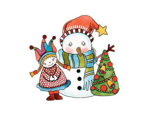 卡通雪人图案复古雪人印花戴帽子女孩圣诞树