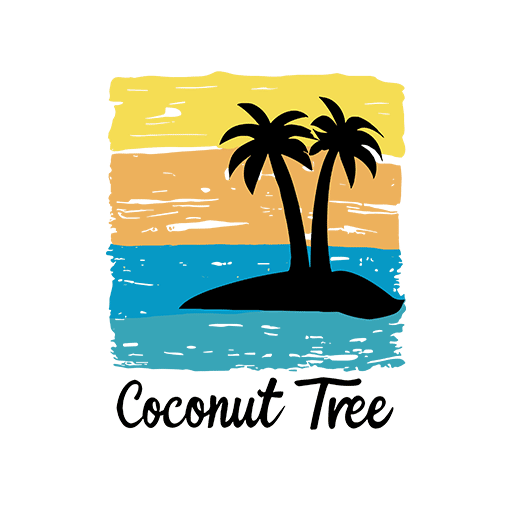 卡通英文字母涂鸦线条椰子树剪影图案