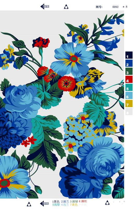 蓝调繁花面料印花素材图,适用于春夏服装印花设计