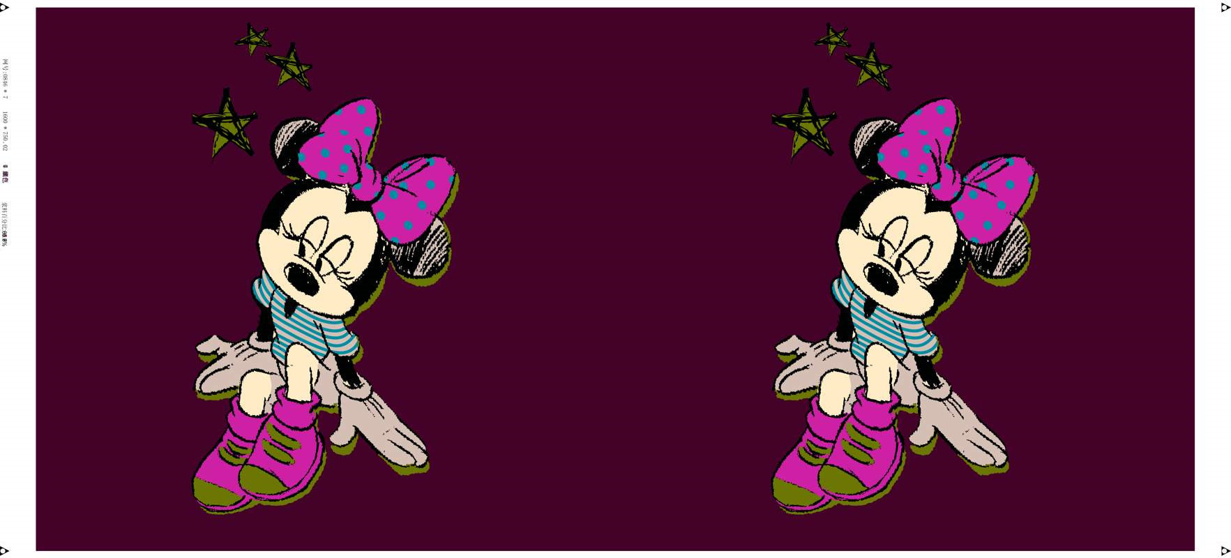 复古手绘风米妮卡通图案面料印花素材,适用于儿童服装印花设计