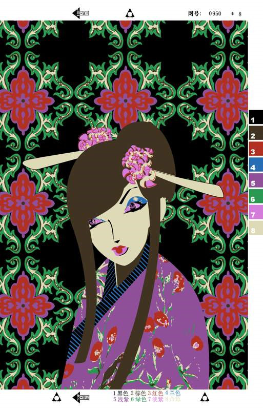 复古和风美人图案面料印花素材,适用于服装印花设计