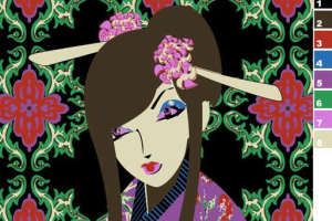 复古和风美人图案面料印花素材，适用于服装印花设计